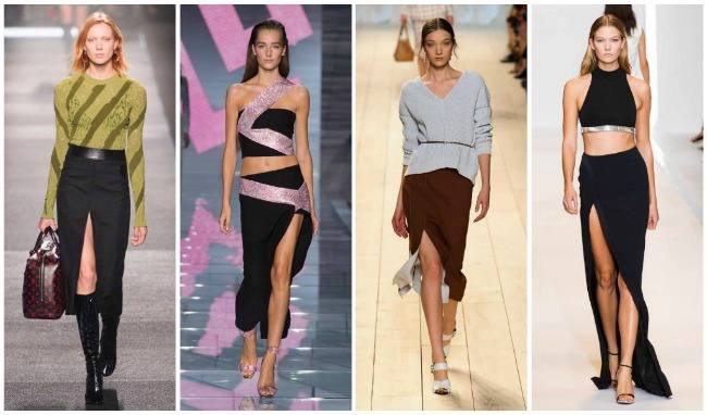 модные длинные юбки с разрезом 2019-2020: черная, коричневая