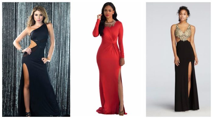 модные платья с разрезом 2019-2020: черное, красное, черное ажурное