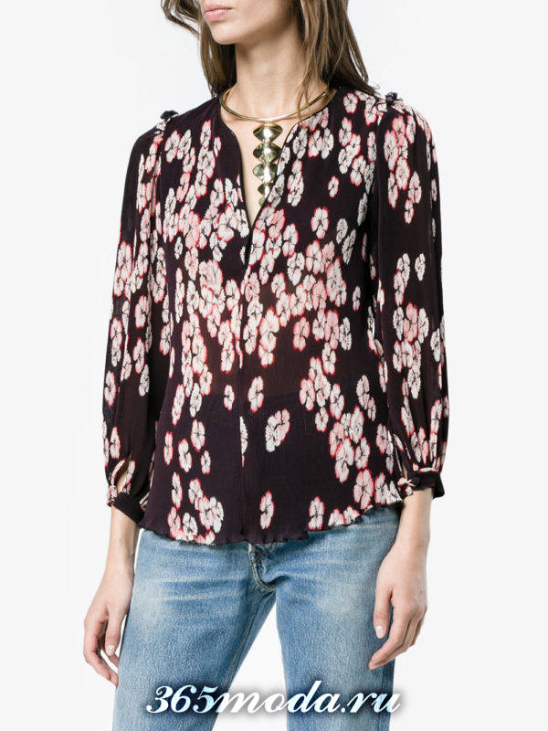 жатая блузка из шифона с цветочным принтом