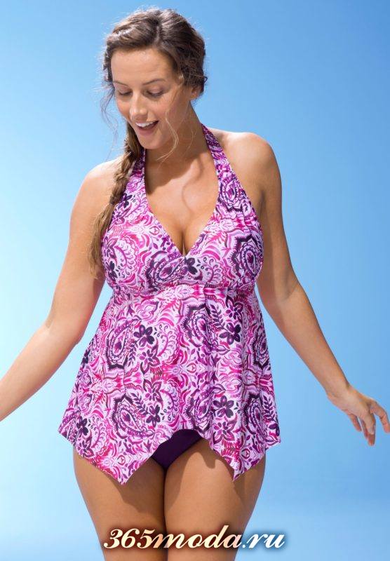 фиолетовый купальник-платье с принтом