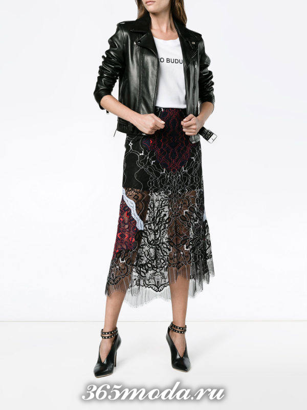 гипюровая юбка миди с декором с кожаной курткой с чем носить