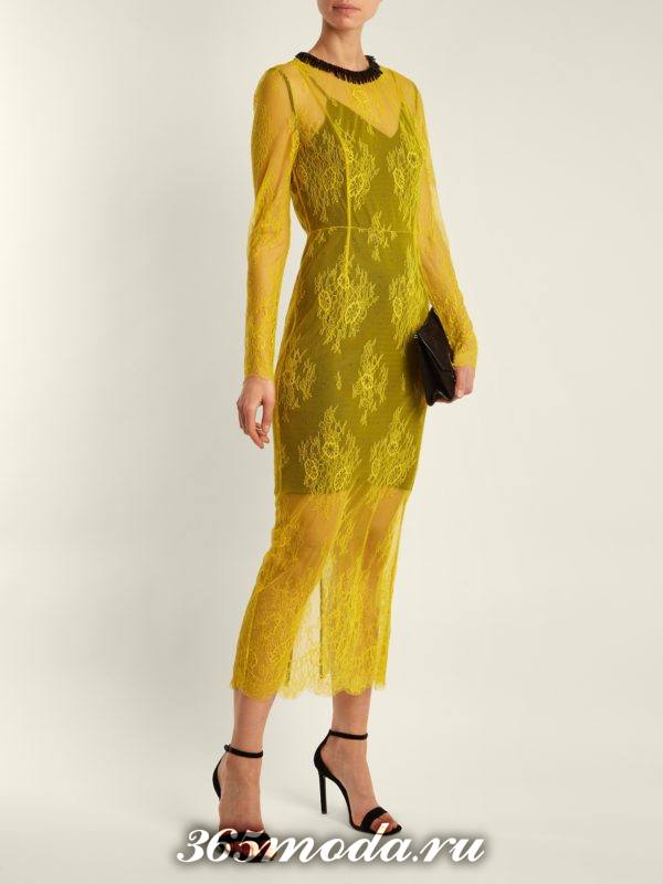 кружевное желтое миди платье для новогоднего корпоратива