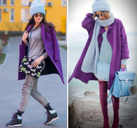Фиолетовое пальто: с чем носить и фото-обзор