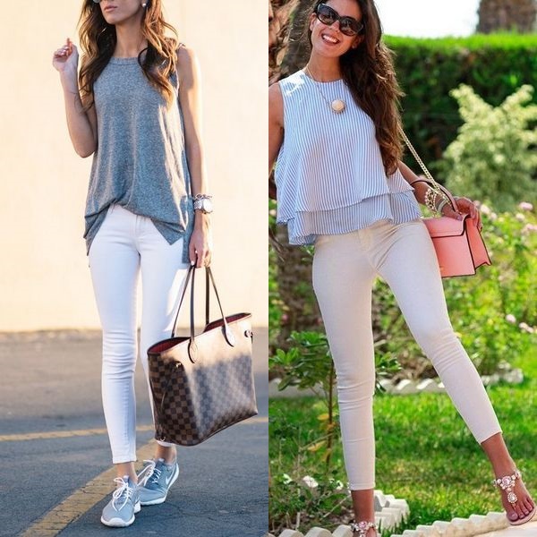 На фото белые женские джинсы с завышенной талией