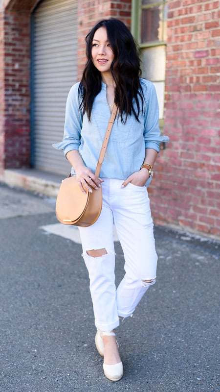 Модель в джинсах, голубая блуза и босоножки