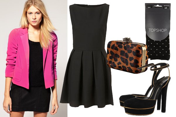 Дополните черное платье розовым жакетоми с леопардовым клатчем и не пожалеете