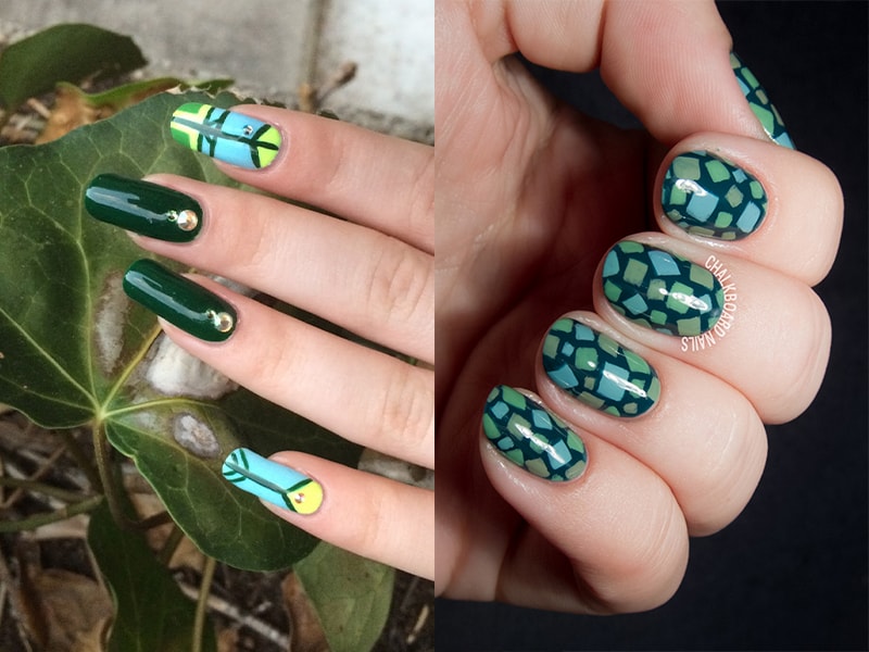 Зеленые ногти с геометрическим орнаментом
