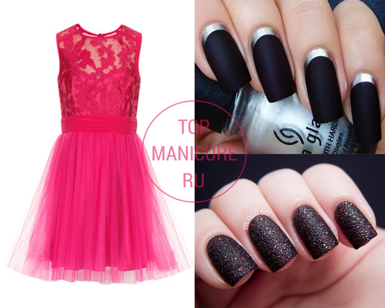 Черный маникюр под розовое платье