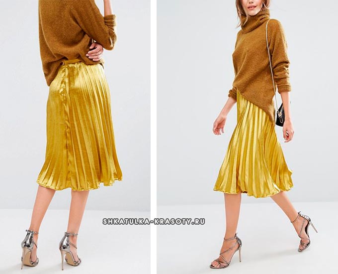 золотистая, желтая атласная юбка плиссе