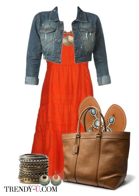 Оранжевое платье и джинсовый укороченный жакет