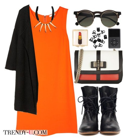 Оранжевое платье, черный кардиган и солдатские ботинки