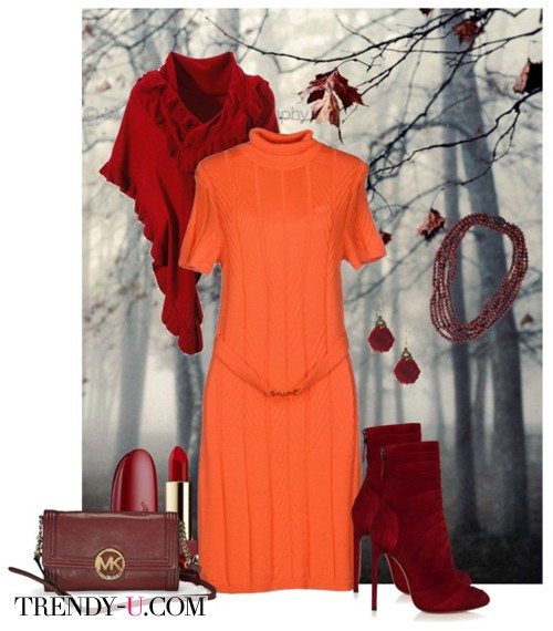 Морковного /оранжевого цвета платье в сочетании с бордовым/терракотовым