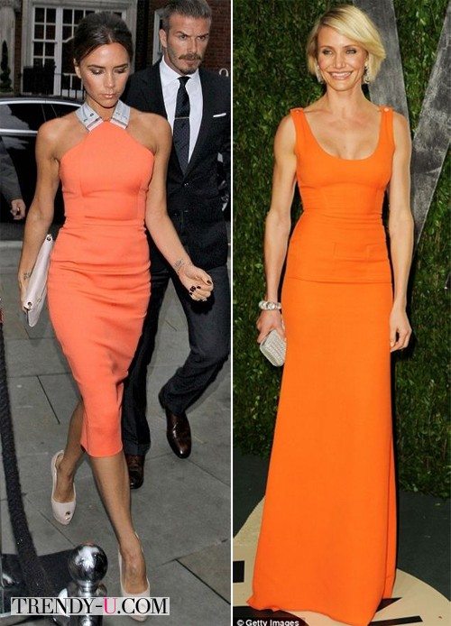 Знаменитости в оранжевых платьях: Виктория Бэкхем и Камерон Диаз
