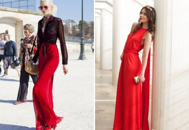 модное длинное красное платье