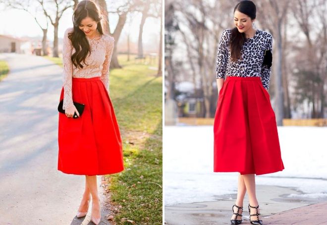 красная юбка-колокол с чем носить