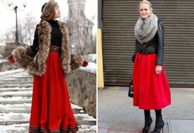 красная юбка с чем носить зимой