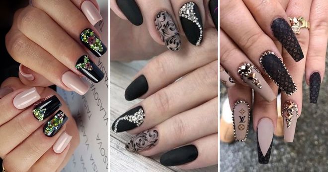 Черный дизайн ногтей со стразами мода