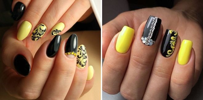 дизайн ногтей желтого цвета с черным