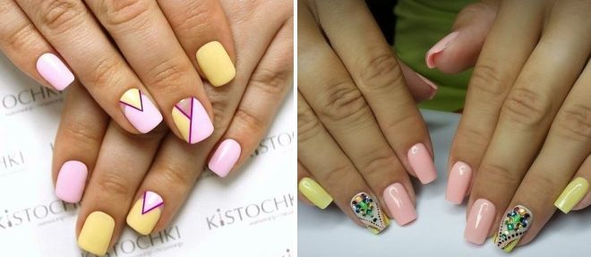 дизайн ногтей желтый с розовым