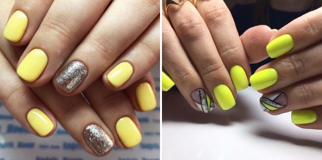 желтый дизайн ногтей с блестками