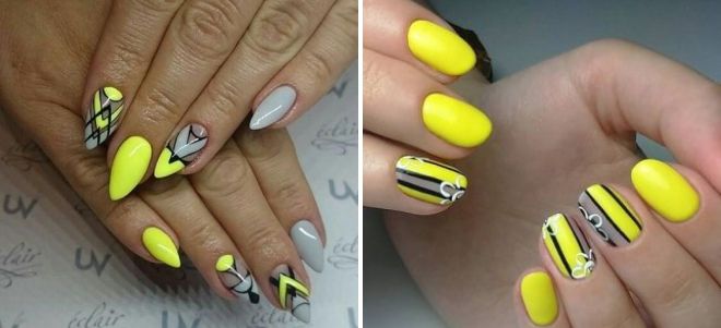желтый дизайн ногтей с геометрией