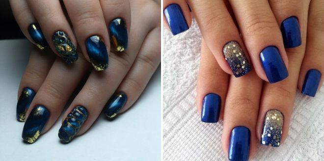 синий с золотым дизайн ногтей
