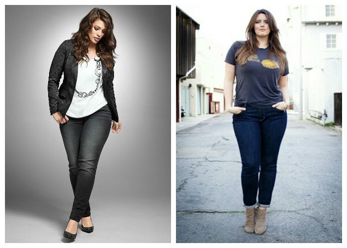 Одежда для полных женщин, фото. Зауженные джинсы рекомендуется носить с удлиненными футболками, пиджаками или кардиганами.