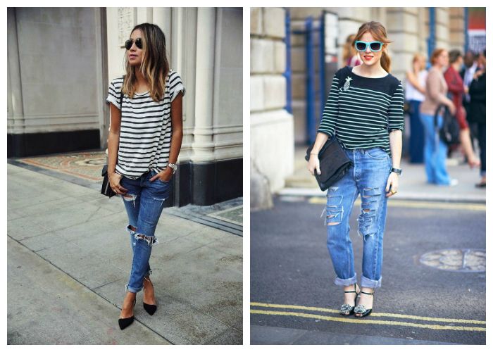 Рваные джинсы с полосатой футболкой или джемпером, фото