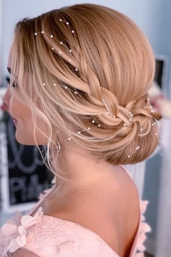 boho wedding hairstyles braided halo low updo with pearls lalasupdos